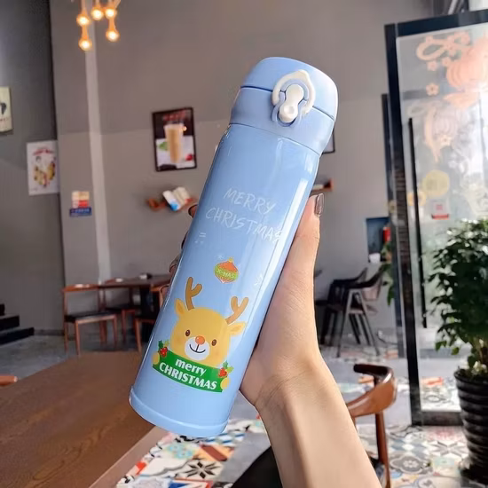 Garrafa de vácuo de aço inoxidável série de design de Natal barata com tampa rebatível para garrafa de água potável direta